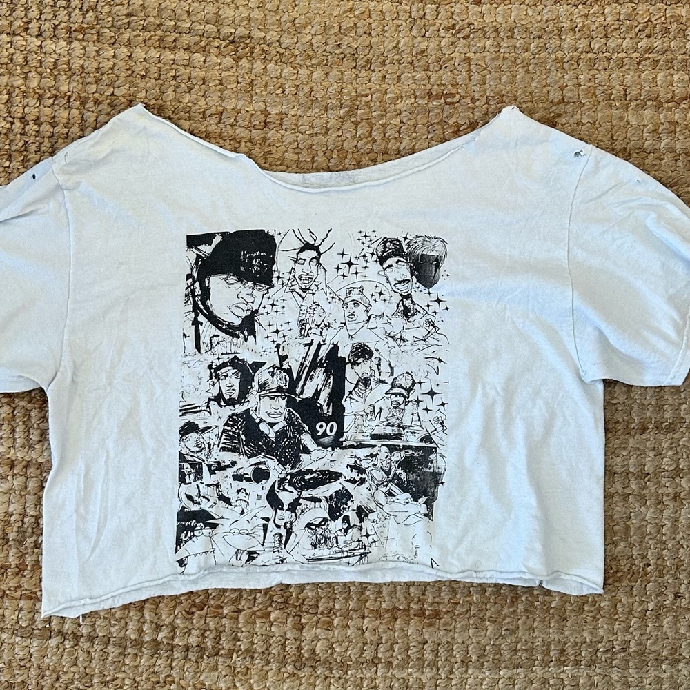 90 CULTURE OFF SHOULDER DISTRESSED White Graphic Crop Top SIZE M/L